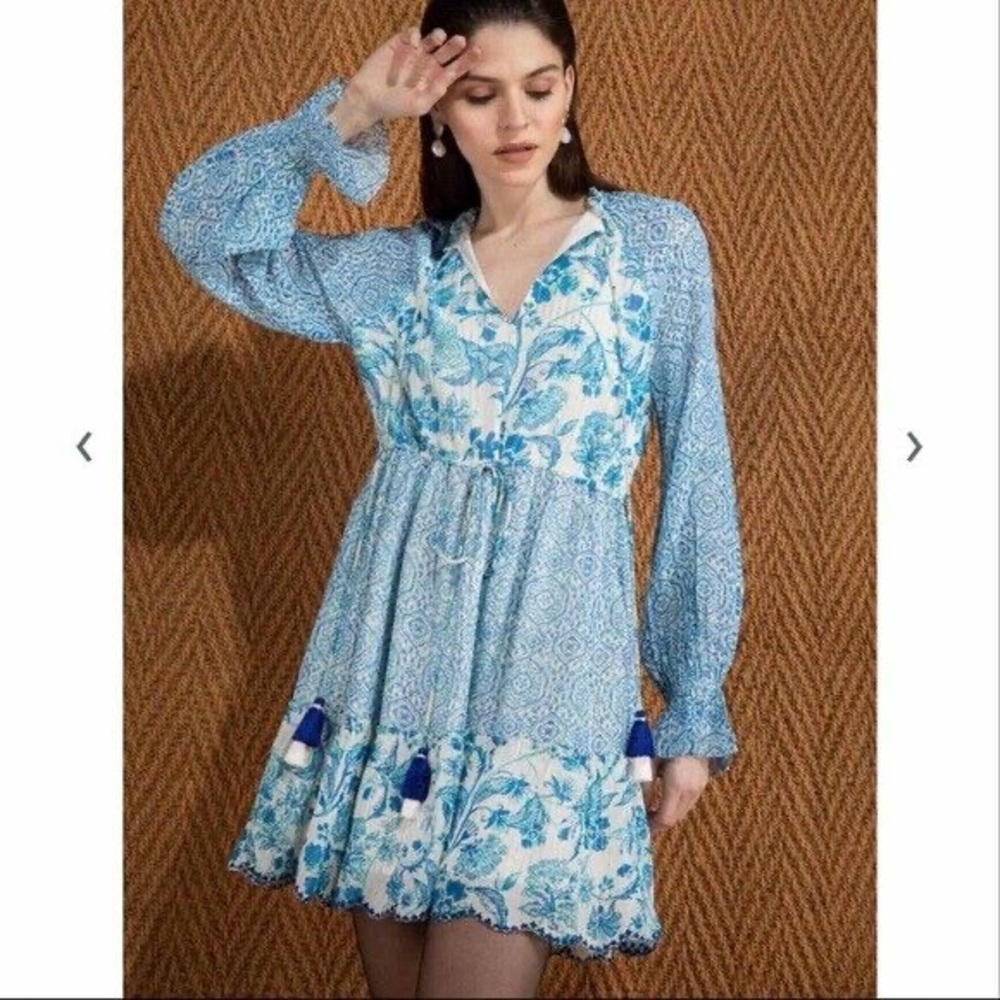 Hemant and Nandita Kaiyo Mini Dress in Blue Floral with Gold Thread and Tassels